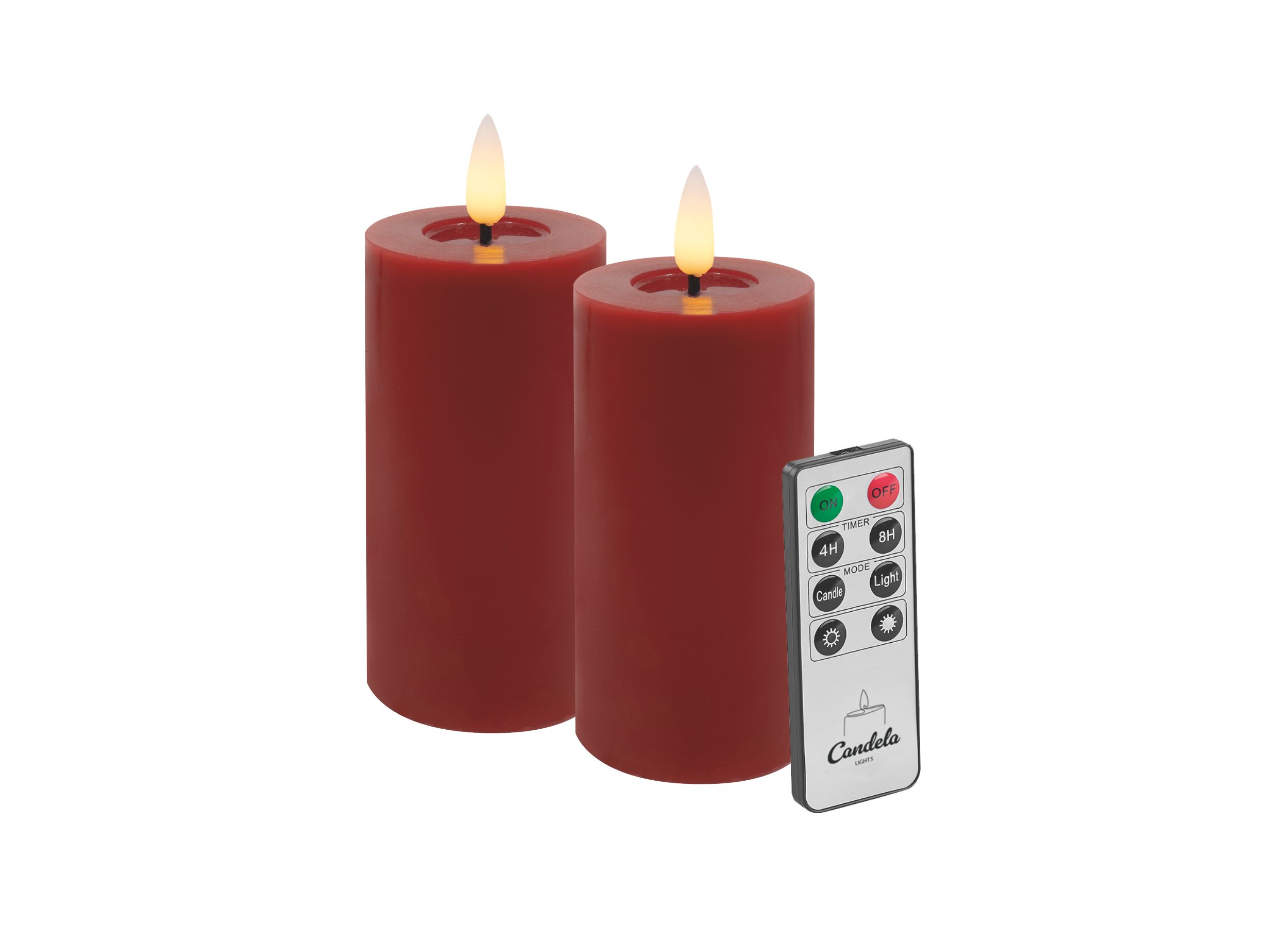 Candela LED Kerzen 2er Set H:10xØ5cm Winter rot glatt Echtwachs mit Fernbedienung Timer Funktion & mehrstufig dimmbar flammenlos Echtwachskerzen Stumpenkerze