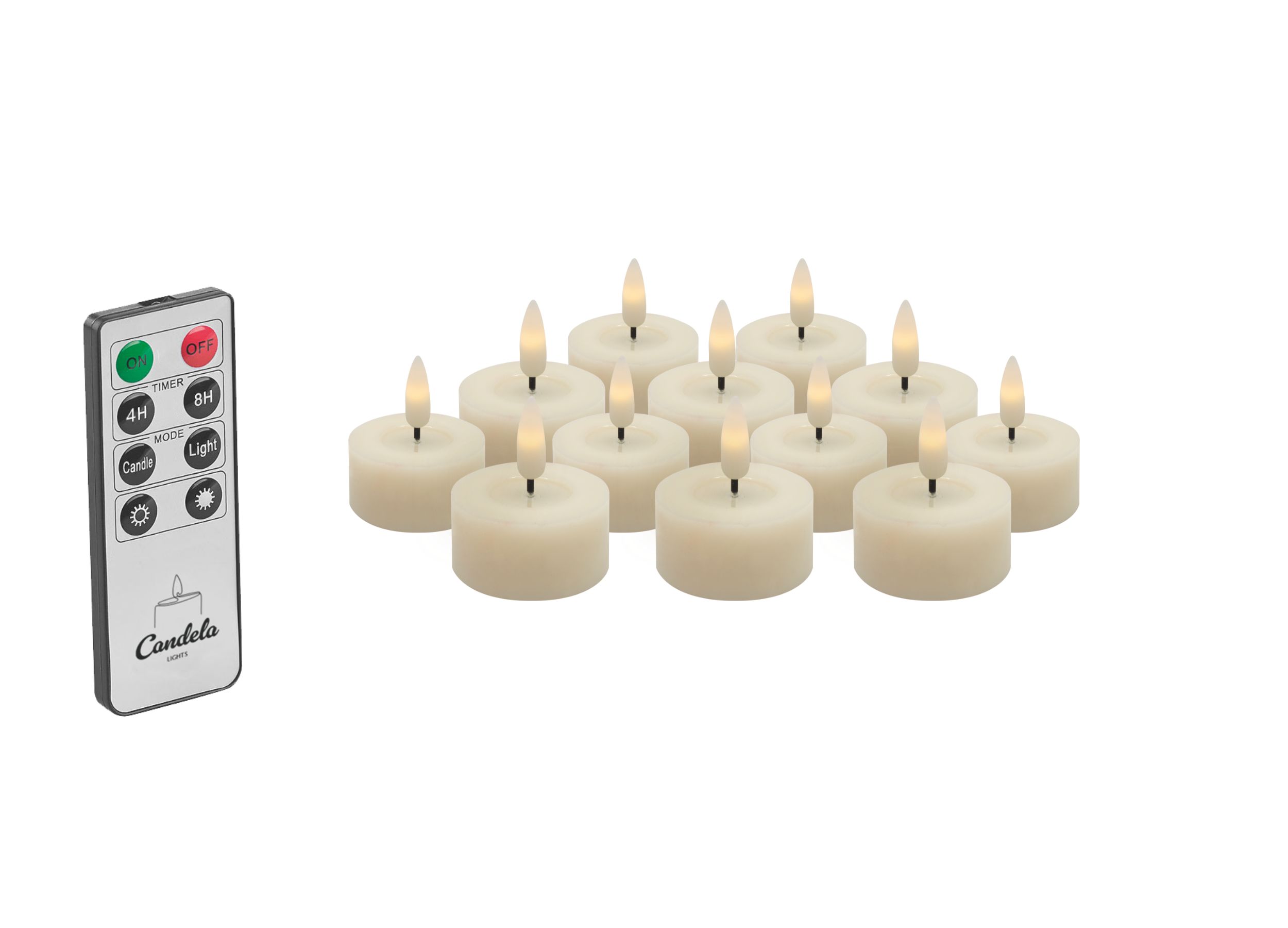 Candela Lights LED Kerzen 12er Set Ø4,5cm Winter creme glatt Echtwachs Teelicht mit Fernbedienung & Timerfunktion Flammenlose flackernde LED-Kerze mehrstufig dimmbar