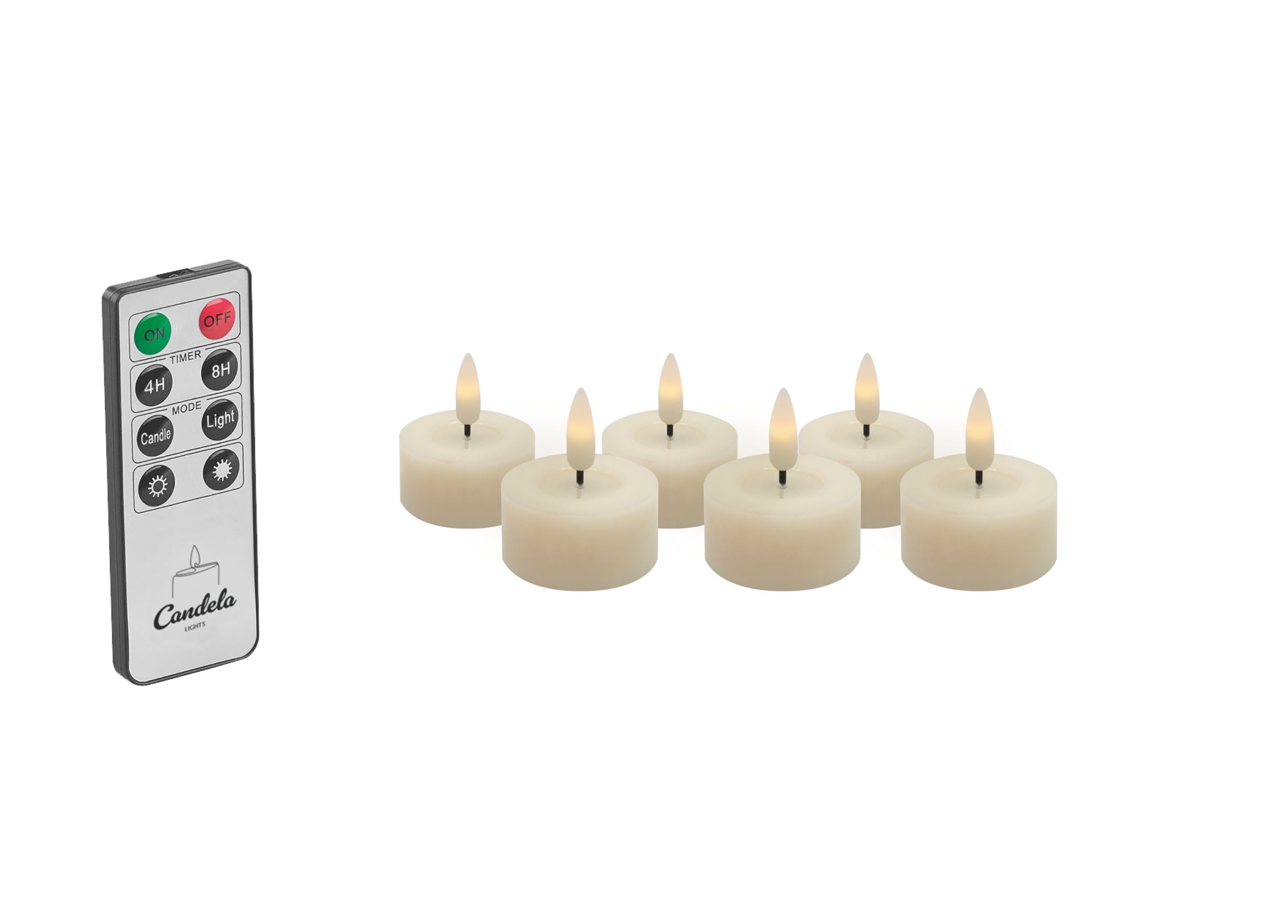 Candela Lights LED Kerzen 6er Set Ø4,5cm Winter creme glatt Echtwachs Teelicht mit Fernbedienung & Timerfunktion Flammenlose flackernde LED-Kerze mehrstufig dimmbar