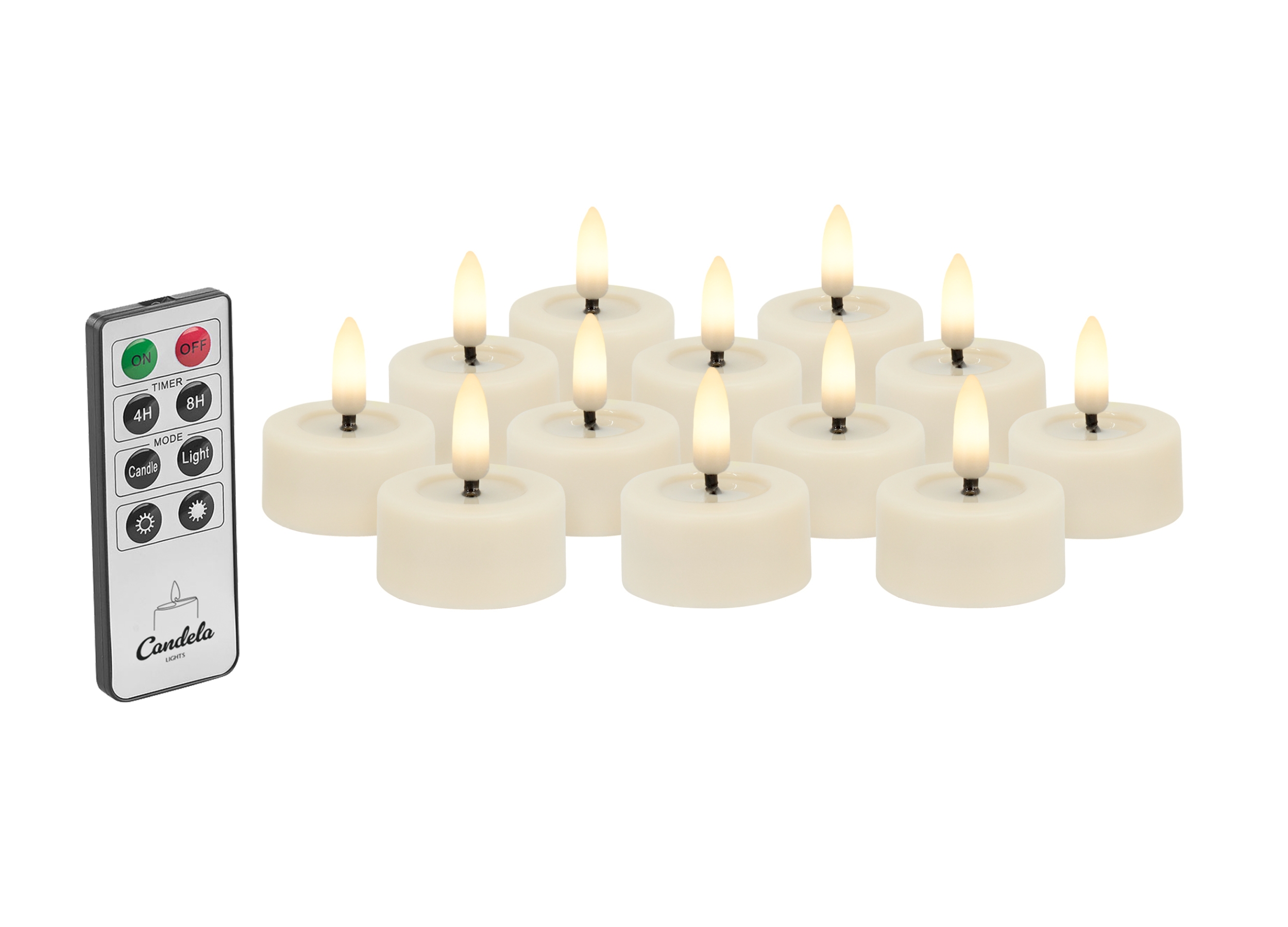 Candela Lights LED Teelicht 12er Set creme Ø6,8cm Flammeneffekt & feste Flamme mit Fernbedienung Timer Funktion & mehrstufig dimmbar