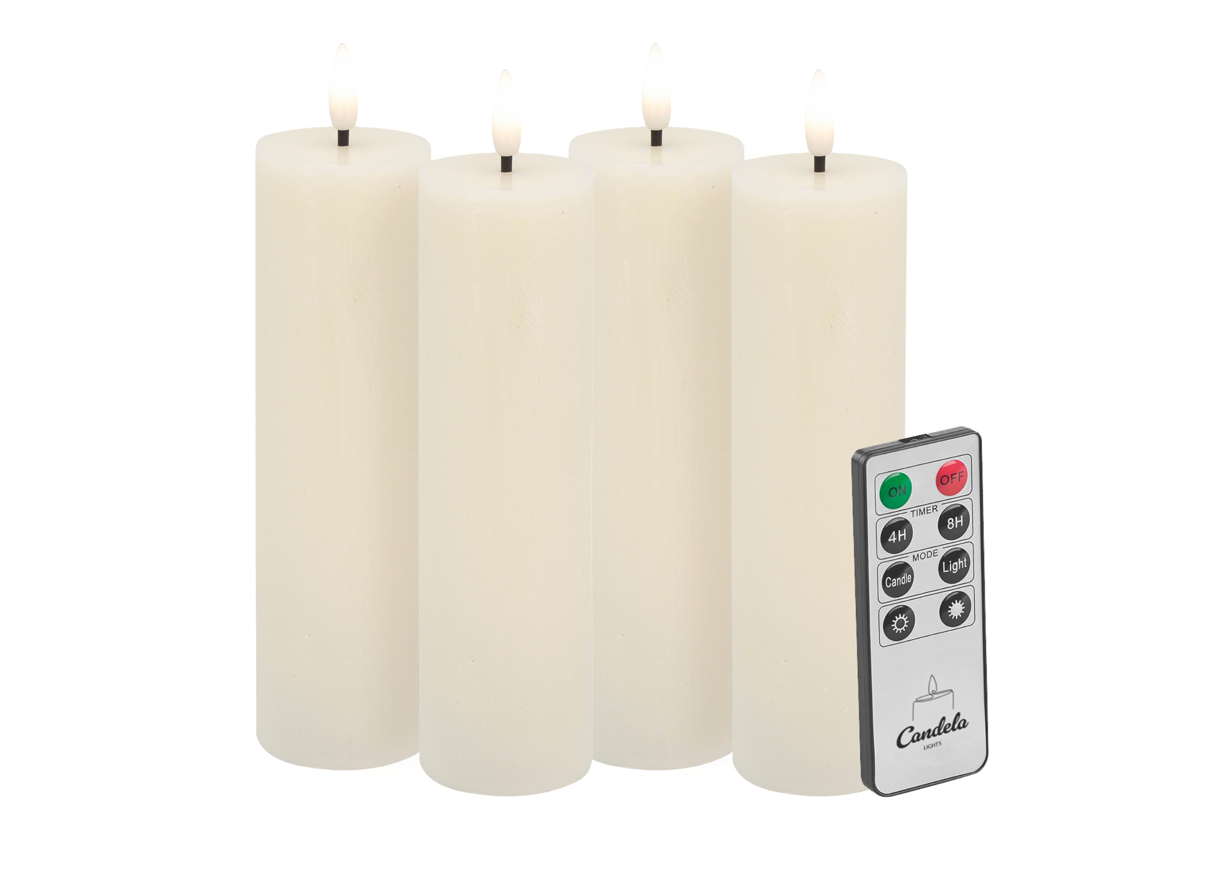 Candela LED Kerzen 4er Set H:17,5xØ5cm creme rustic Echtwachs mit Fernbedienung Timer Funktion & mehrstufig dimmbar flammenlos Echtwachskerzen Stumpenkerze Candela LED Kerzen 4er Set H:17,5xØ5cm creme rustic Echtwachs mit Fernbedienung Timer Funktion & mehrstufig dimmbar flammenlos Echtwachskerzen Stumpenkerze