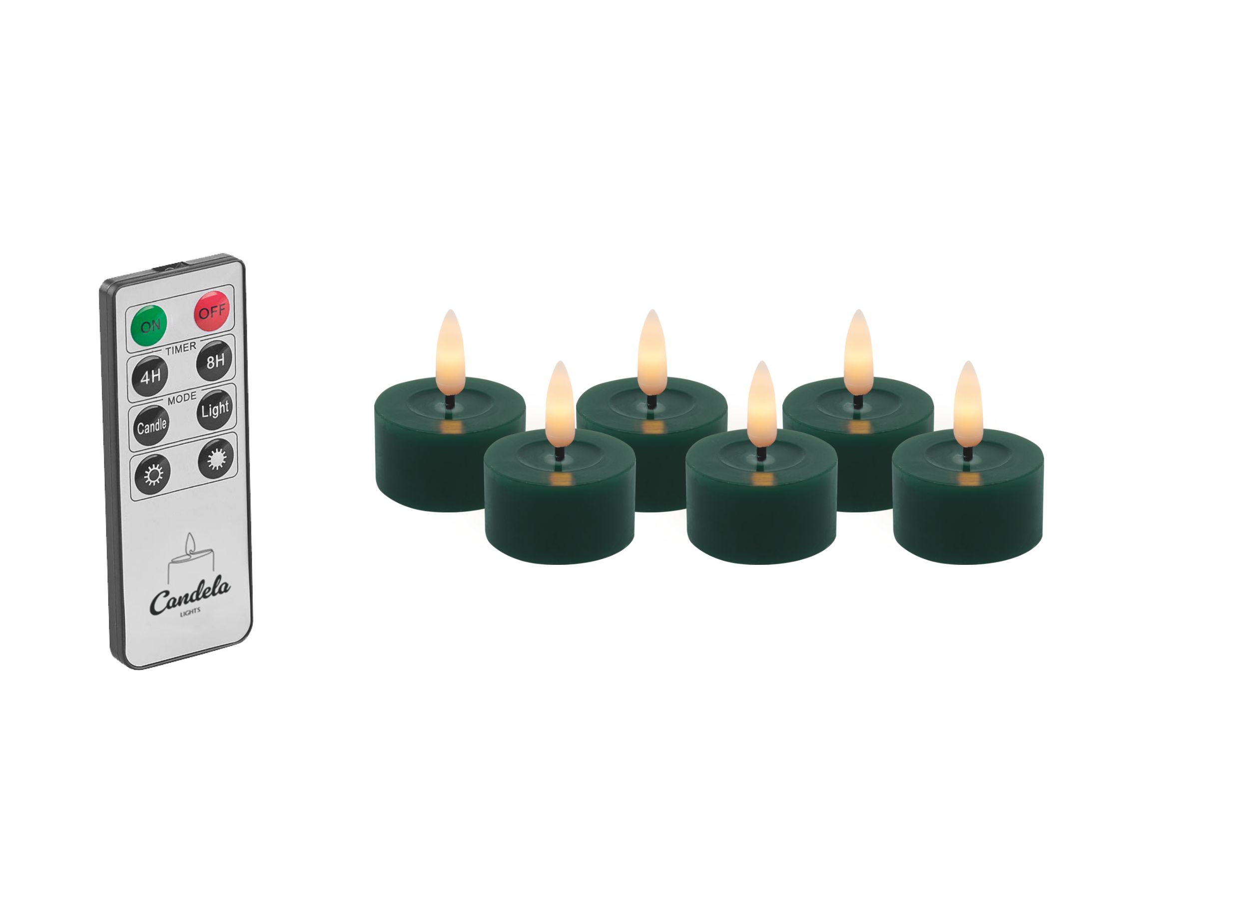 Candela Lights LED Kerzen 6er Set Ø4,5cm Winter green Smooth-Finish Echtwachs Teelicht mit Fernbedienung & Timerfunktion Flammenlose flackernde LED-Kerze mehrstufig dimmbar